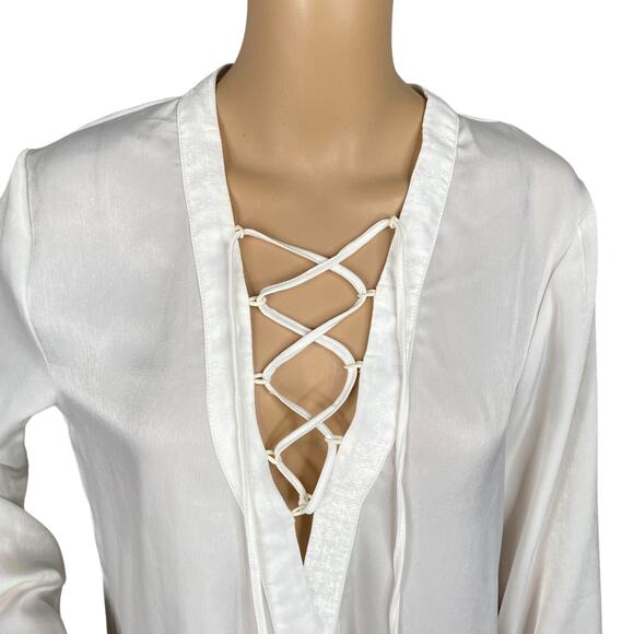 Rat & Boa NWT Rare Ivory Satin Lace Up Crossover Wrap Tunic Top SZ L - Picture 2 of 10